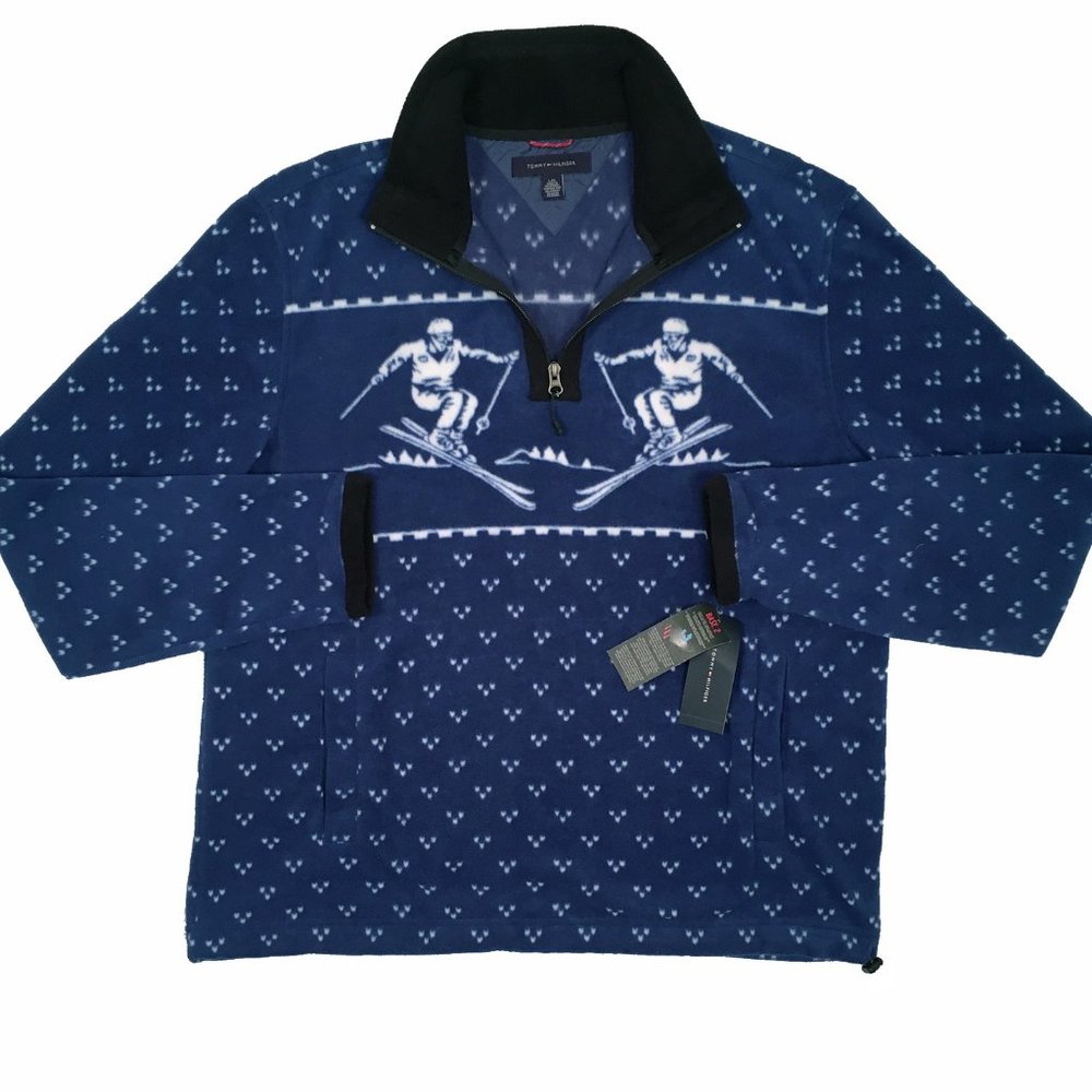 NEW Vintage Tommy Hilfiger Fleece Pullover Jacket! Blue With White Skier Design